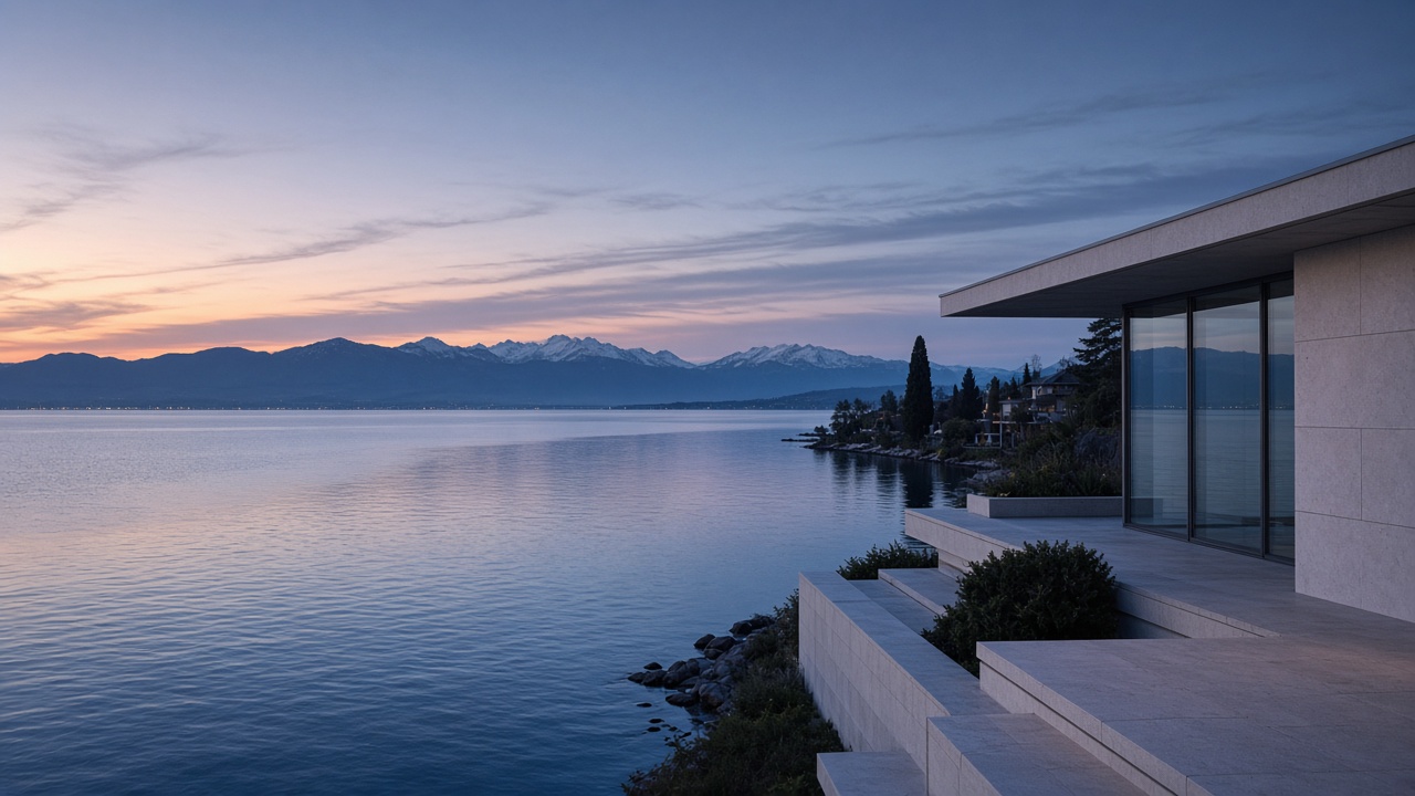 Illustration d'un lac au crépuscule et d'une architecture contemporaine.